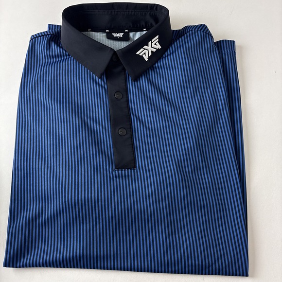 PXG Mens Small Blue/Black Performance Stretch Polo Shirt striped short sleeve - Picture 11 of 11